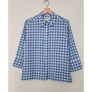 Talbots BLUE WHITE Irish Linen Gingham Petites Shirt Womens SZ MP  3/4 Sleeve
